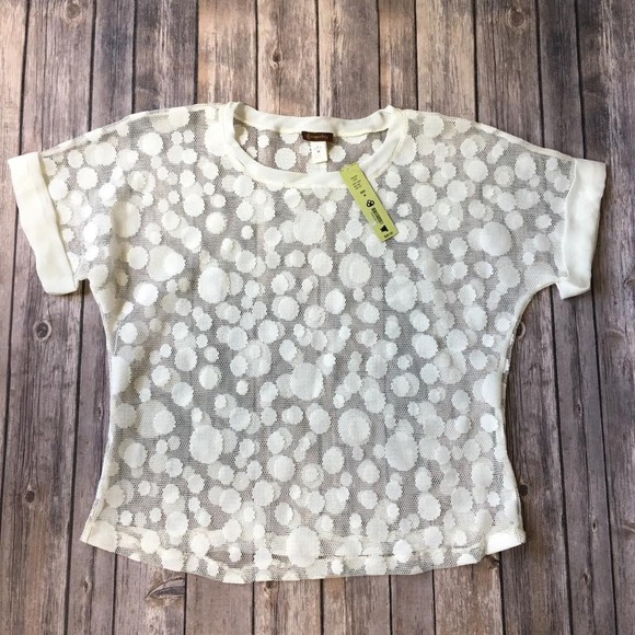 New Polka Dot Top Women Jr M Sheer Cream‎ Lace Short Sleeve Copper Key Coverup - Picture 1 of 5